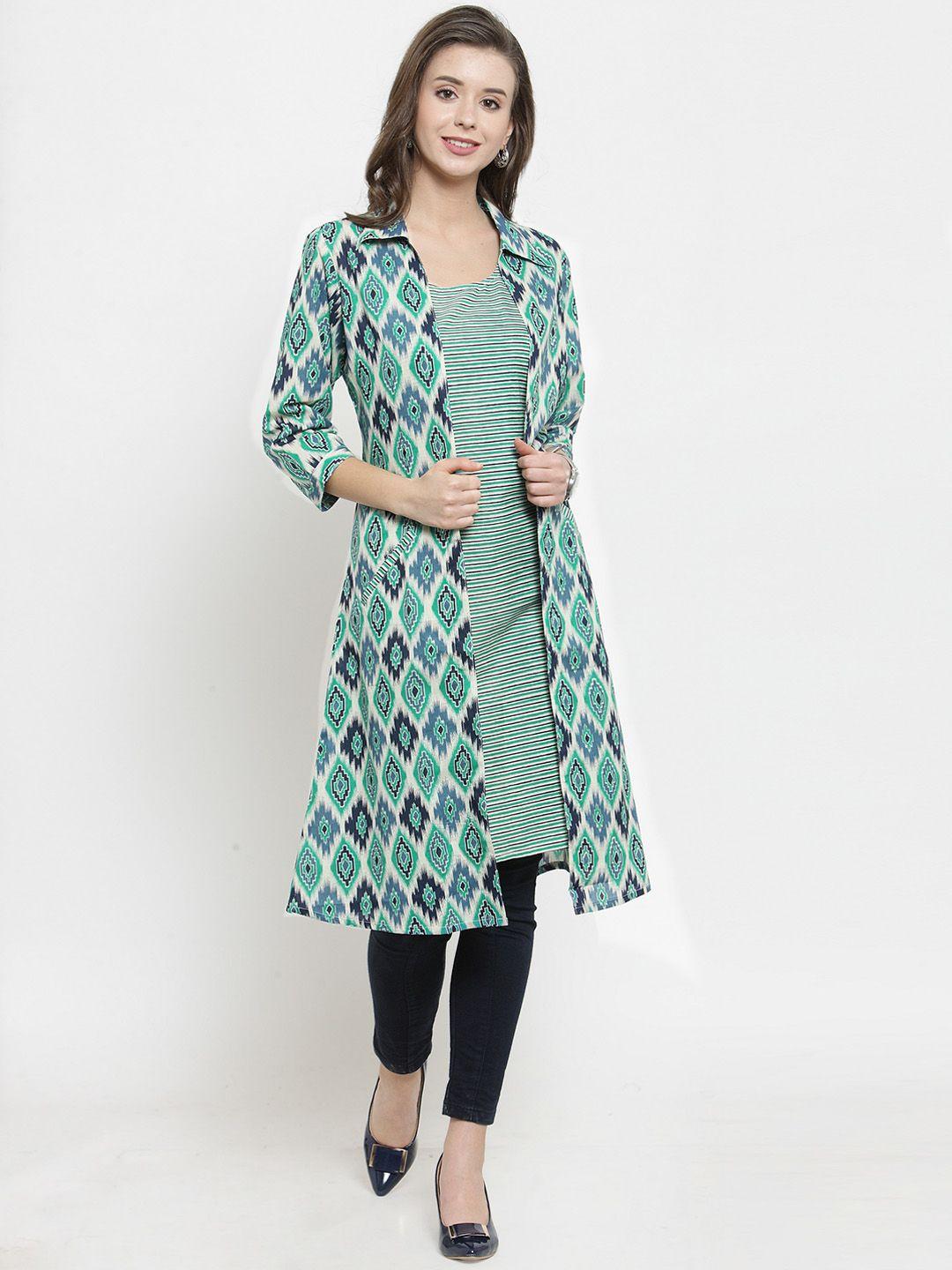 get glamr women green printed straight kurta with jacket
