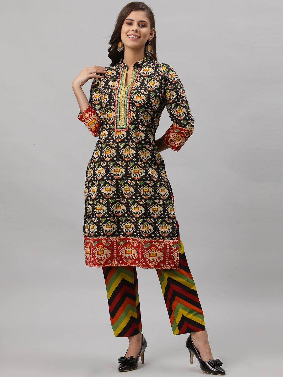 get glamr women multicoloured ethnic motifs printed  pure cotton kurti with trousers