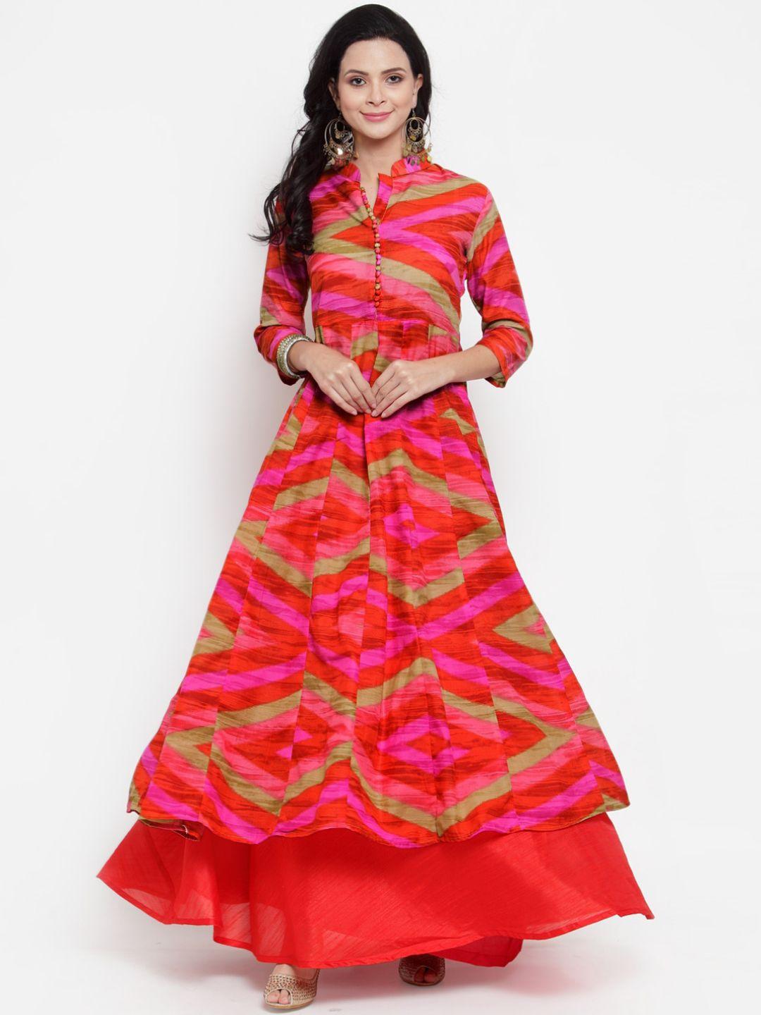 get glamr women multicoloured printed anarkali layered kurta dress