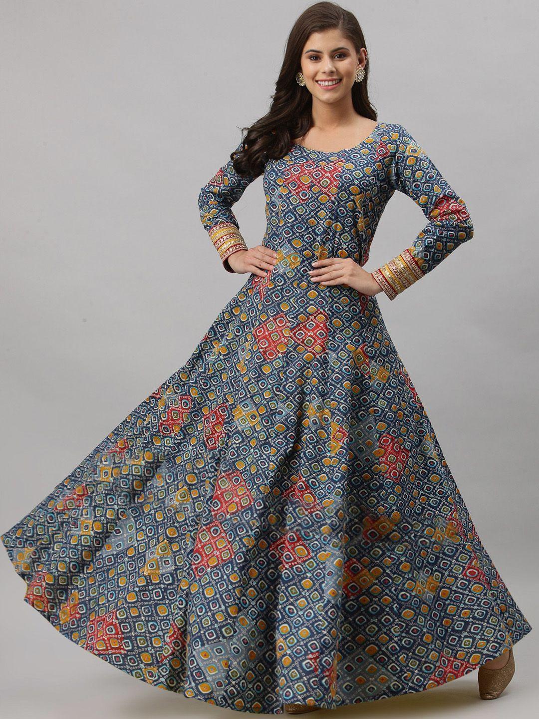 get glamr women navy blue & red floral printed indie prints anarkali cotton kurta