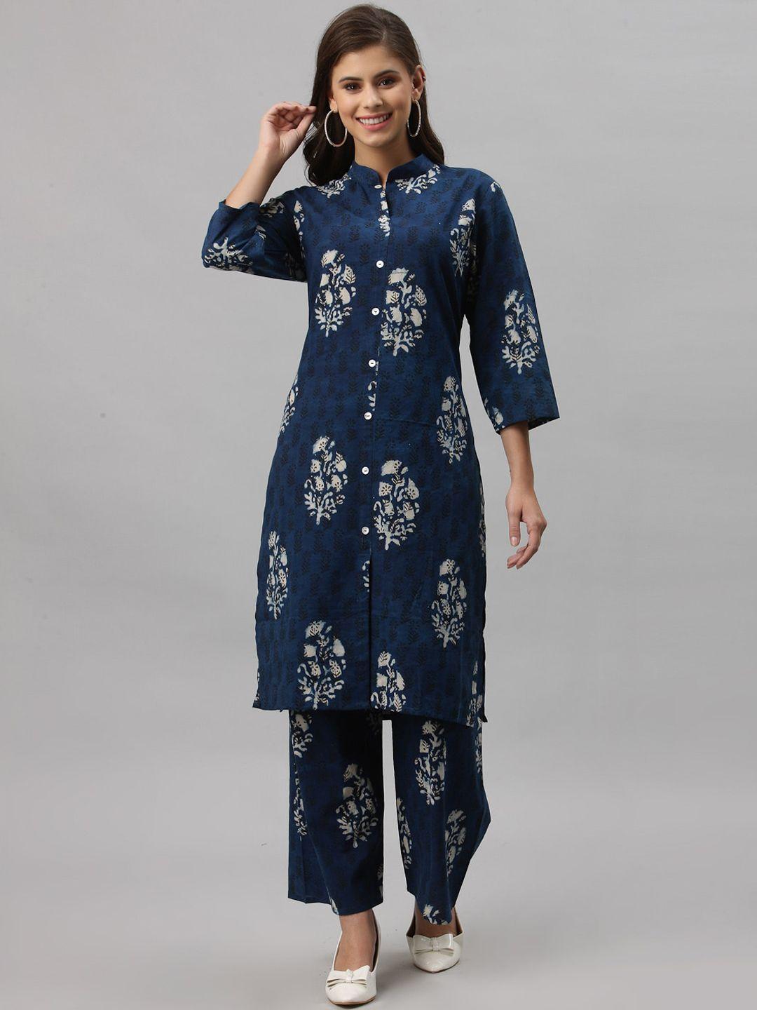 get glamr women navy blue floral printed panelled pure cotton kurta with trousers