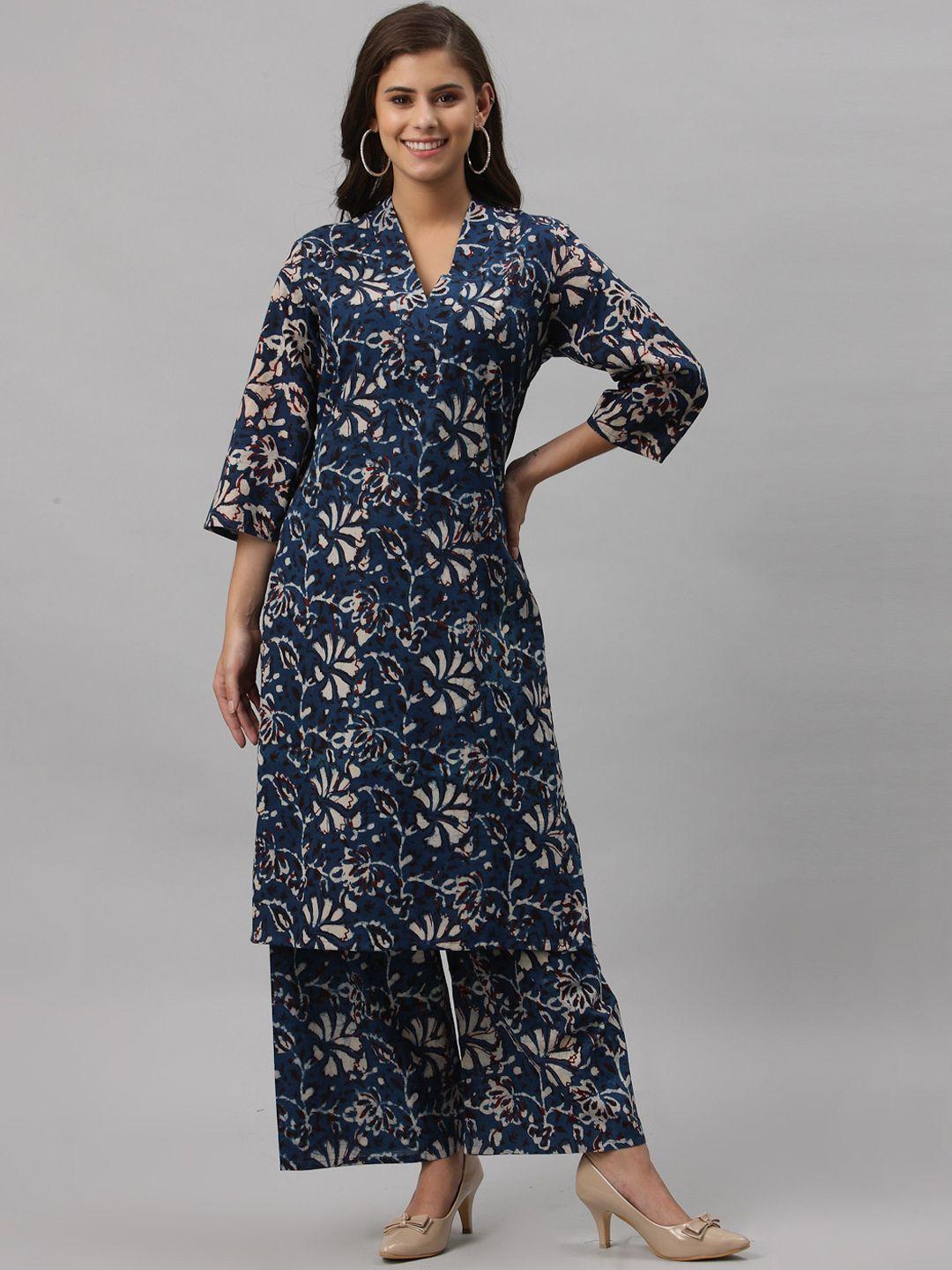 get glamr women navy blue floral printed regular pure cotton kurta with palazzos