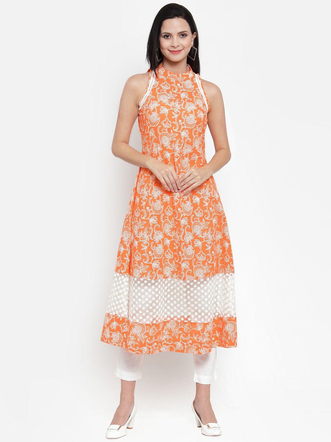 get glamr women orange & white block printed a-line kurta