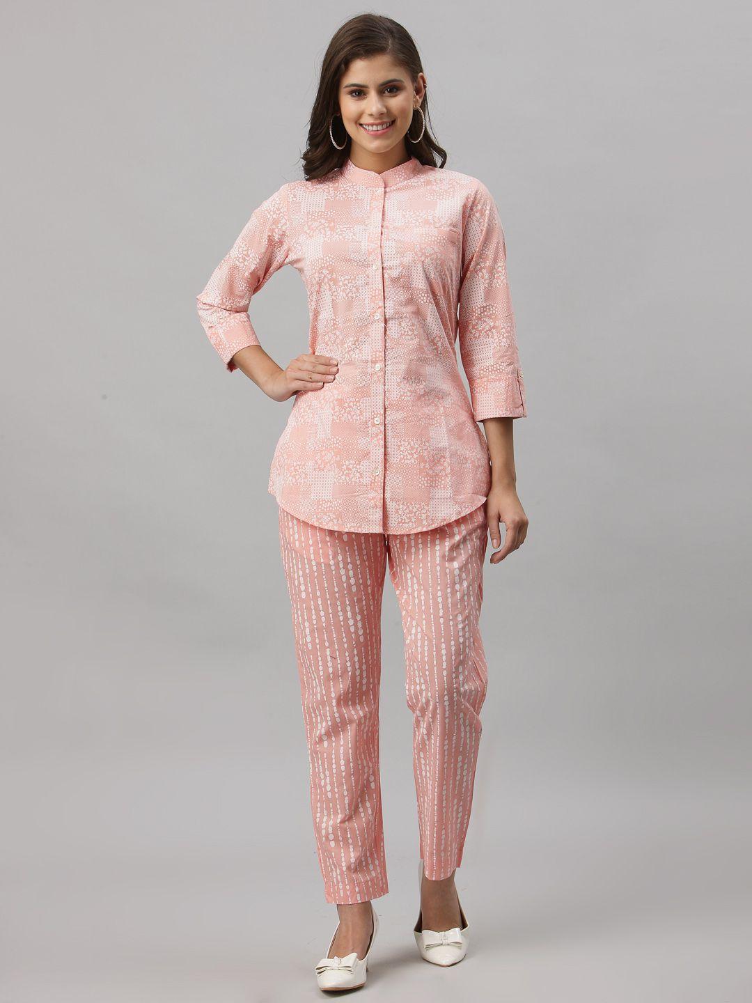 get glamr women peach-coloured floral printed panelled pure cotton top with trousers
