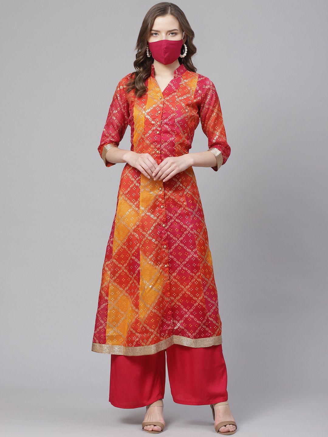 get glamr women pink  orange bandhani foil printed anarkali kurta