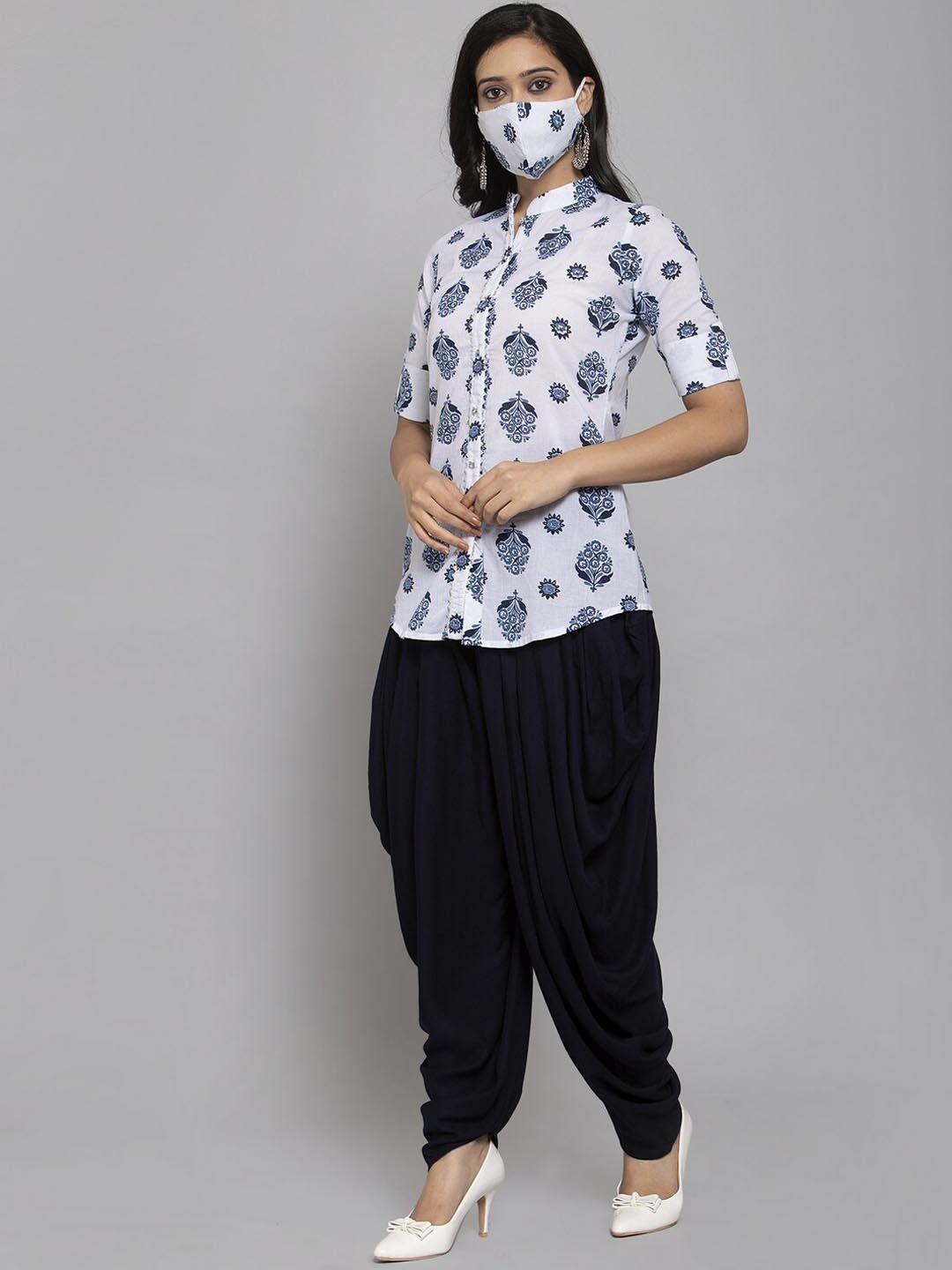 get glamr women white & navy blue printed kurta with patiala