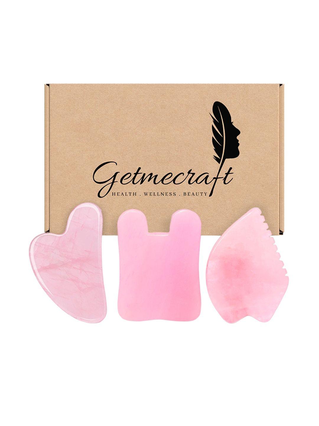 getmecraft 3-pcs rose quartz gua sha - leaf shape gua sha & rabbit ear shape gua sha