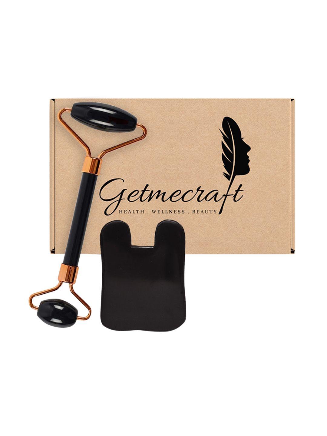 getmecraft black obsidian face roller & rabbit ear shape gua sha massage tool set