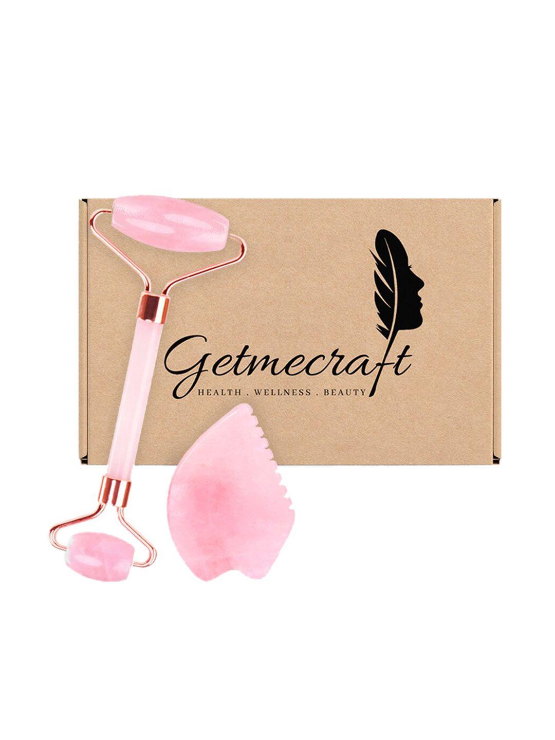 getmecraft rose quartz face roller & leaf shape gua sha massage tool set