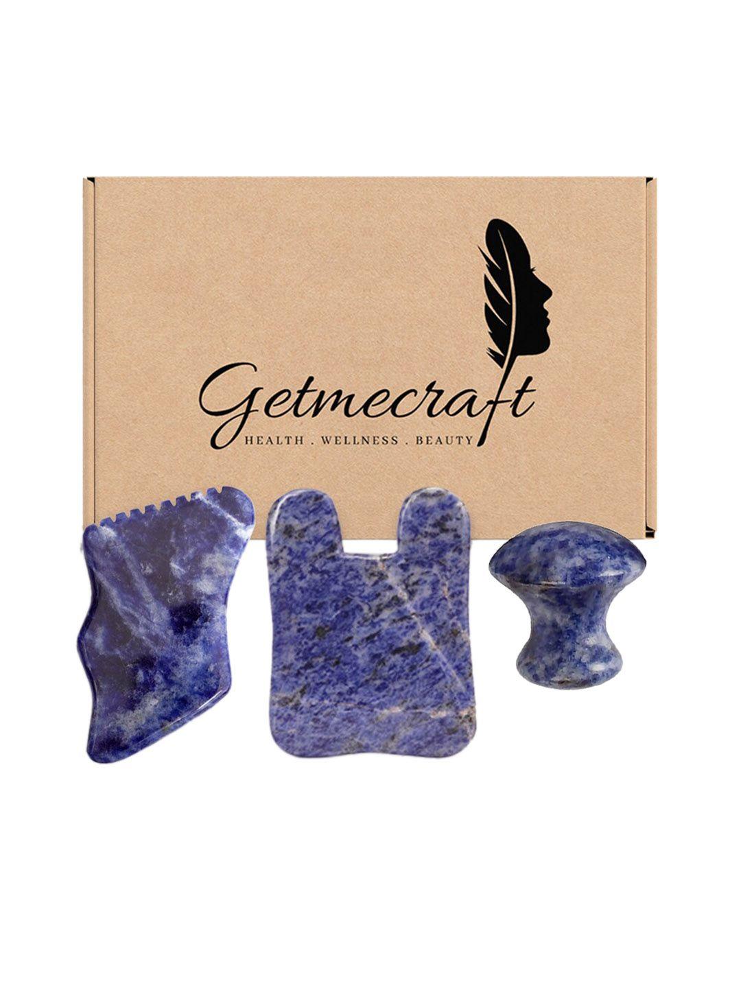 getmecraft set of 3 gua sha stones - sodalite mushroom + rabbit ear + teeth edge - blue
