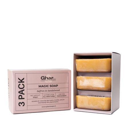 ghar soaps sandal wood and saffron bath soap bar for glowing brightening and refreshing skin (300 gm, pack of 3)