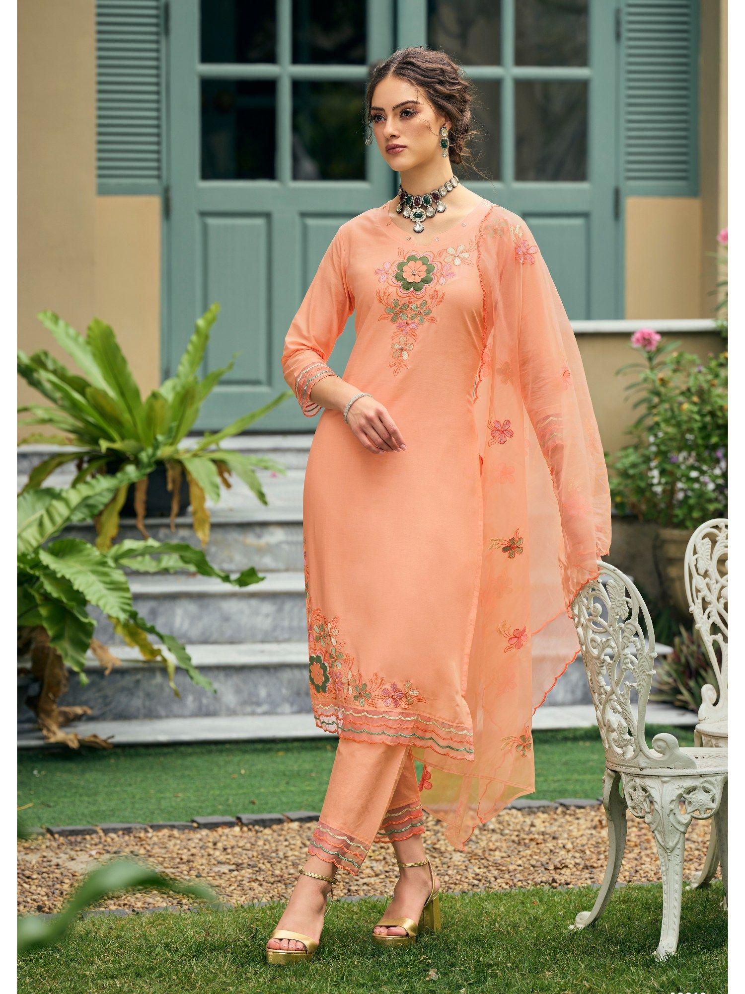 ghazal peach applique & embroidery kurta (set of 3)