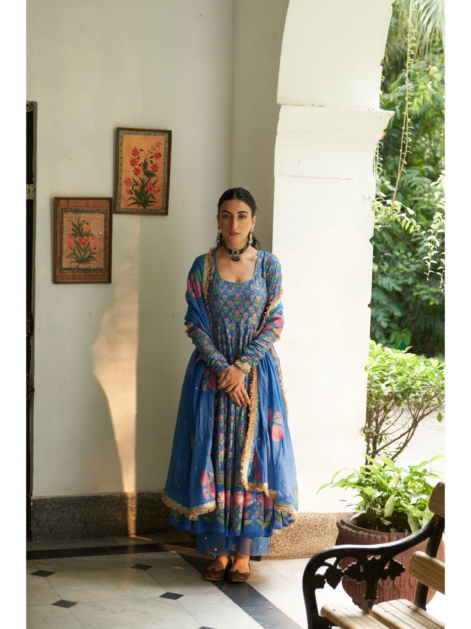 ghazal printed blue anarkali kurta with palazzo & dupatta (set of 3)