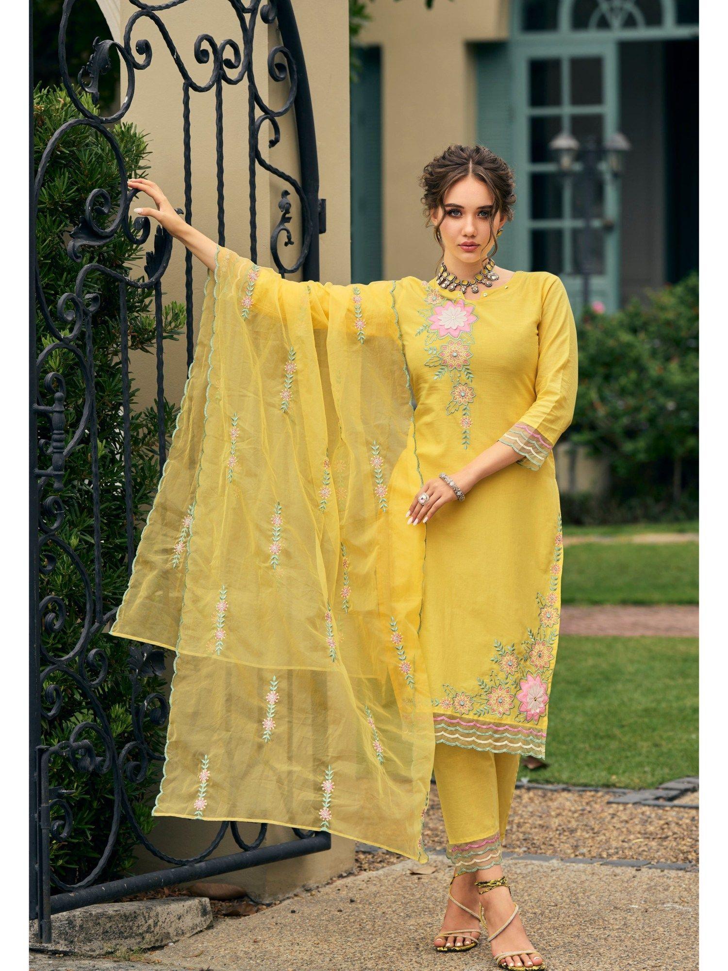 ghazal yellow applique & embroidery kurta (set of 3)