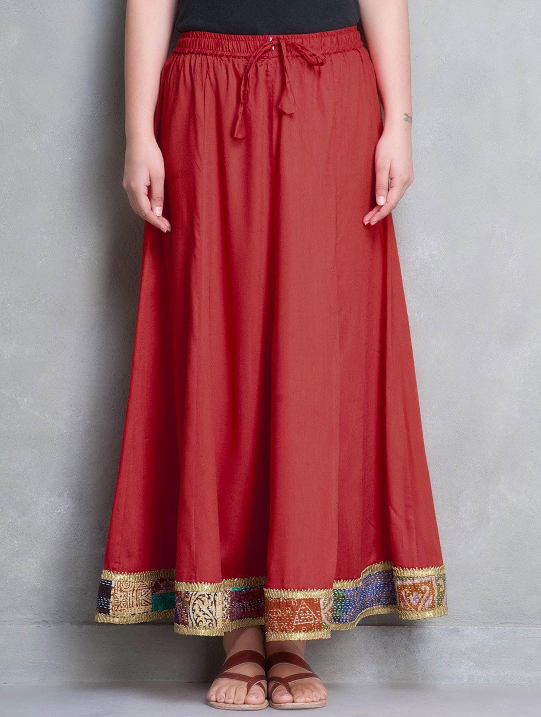 ghoomar: red cotton silk kali skirt with kantha and gota border