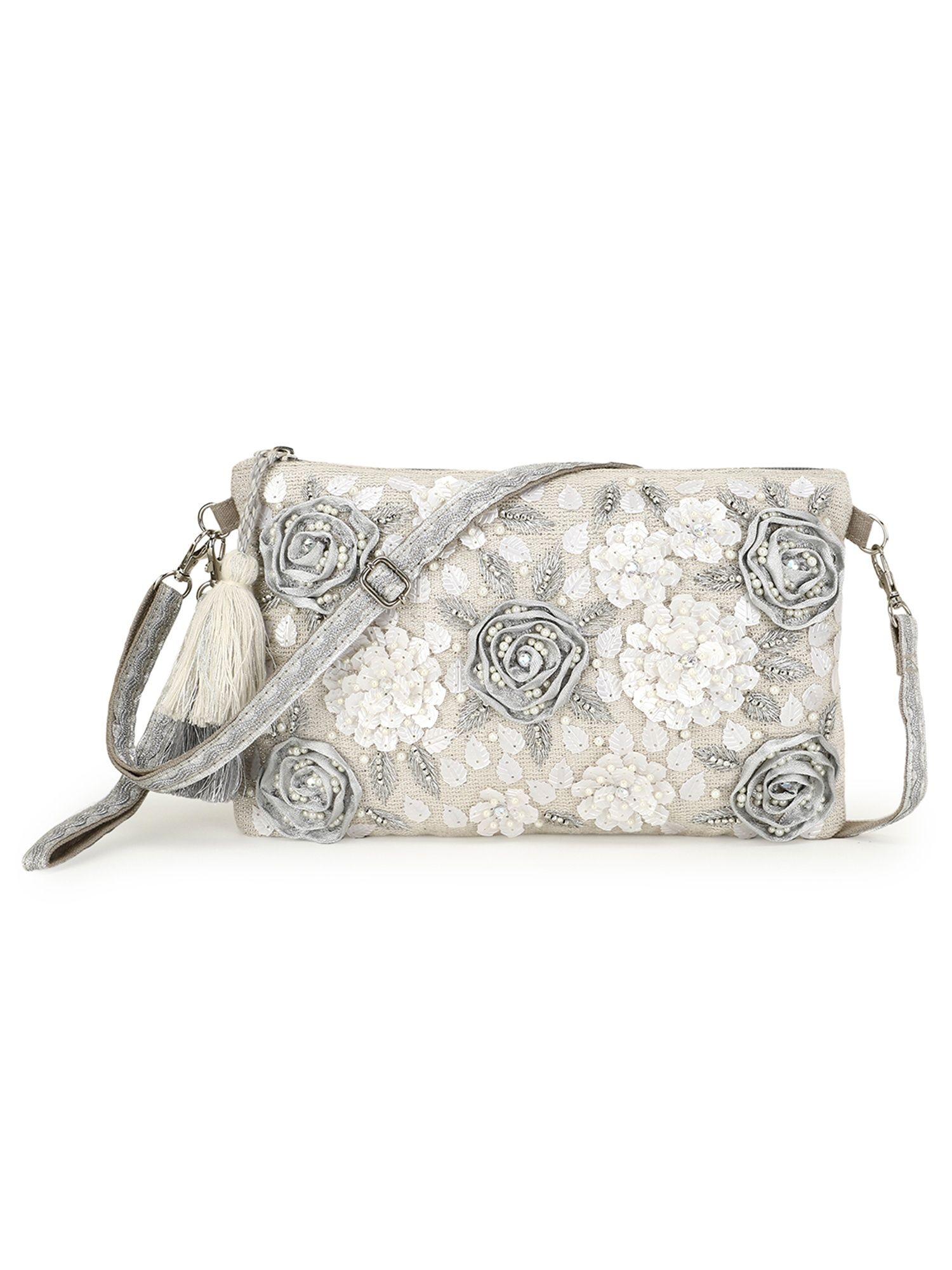 ghoomar cream and silver zari polycotton floral embellished sling bag