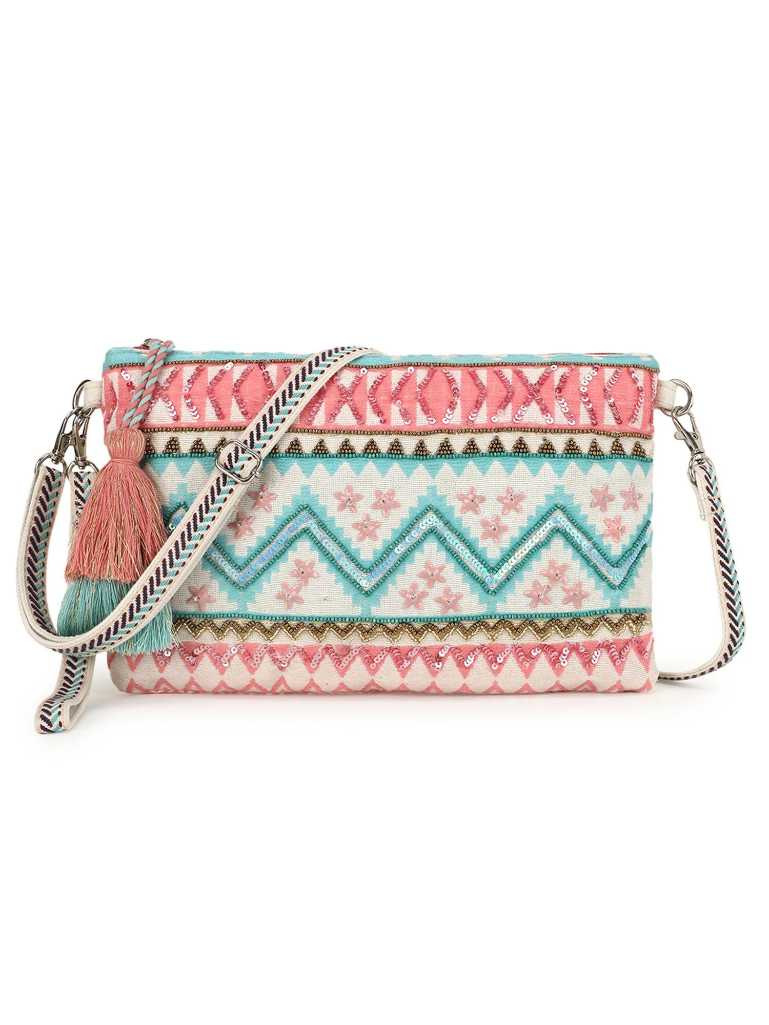 ghoomar pink and turquoise acrylic cotton canvas striped embellished sling bag