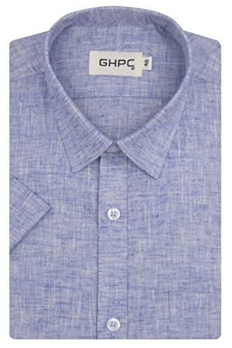 ghpc cotton linen plain solid half sleeves regular fit formal shirt for men (blue, fsh208447_42)