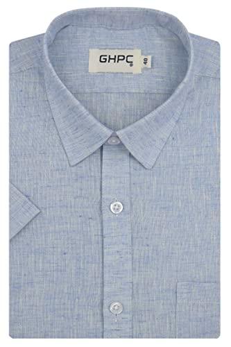 ghpc cotton linen plain solid half sleeves regular fit formal shirt for men (sky blue, fsh208424_42)