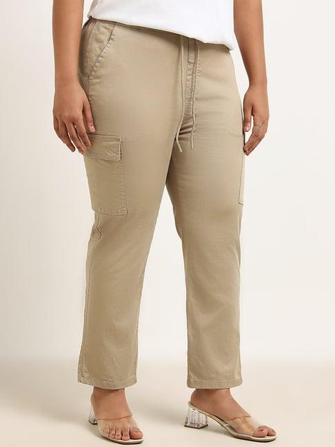 gia by westside beige solid high-rise solid cotton blend trousers