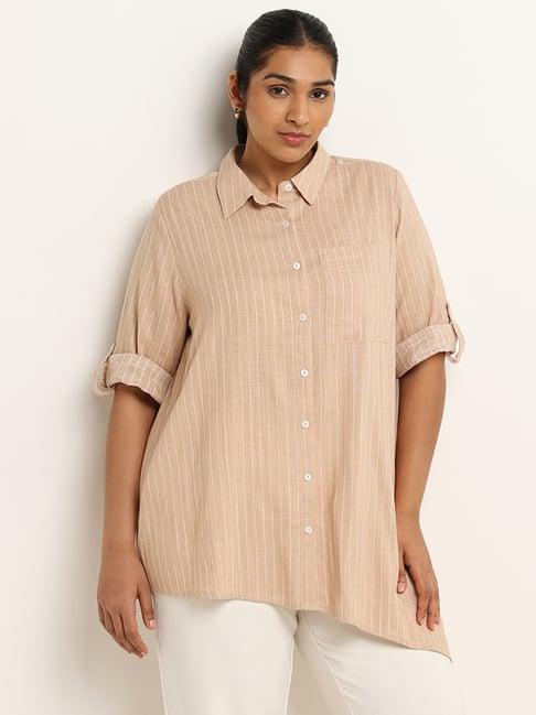 gia by westside beige striped blended linen asymmetric shirt