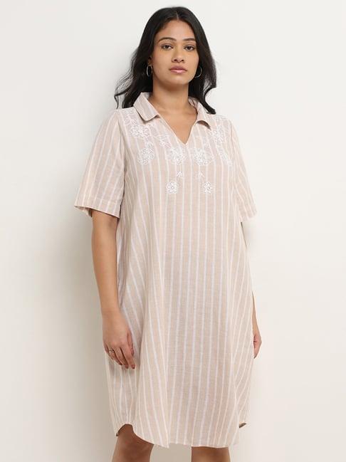 gia by westside beige striped design blended linen shirt dress