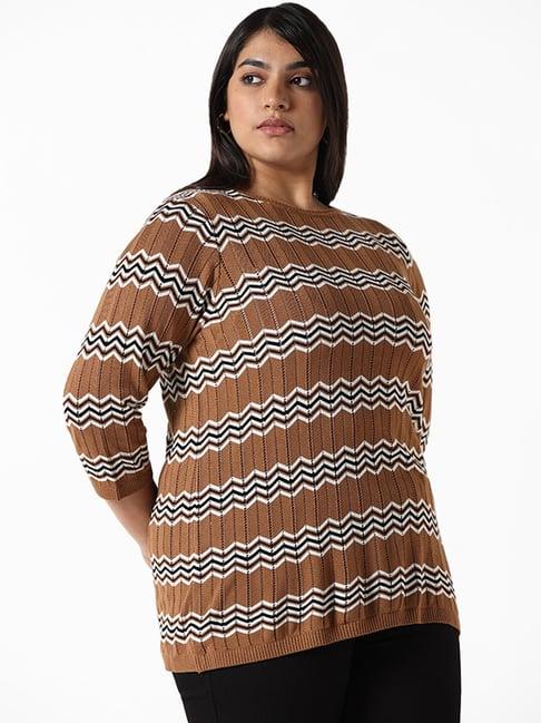 gia by westside brown multicolor printed slim fit sweater