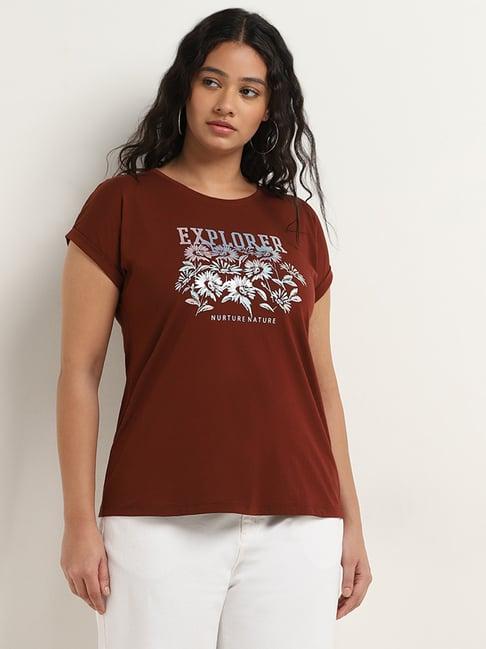 gia by westside brown text printed cotton t-shirt