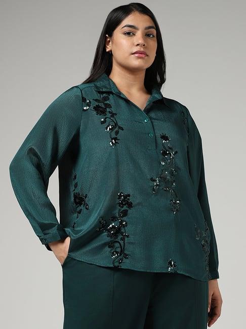 gia by westside emerald green floral sequin embroidered crepe top