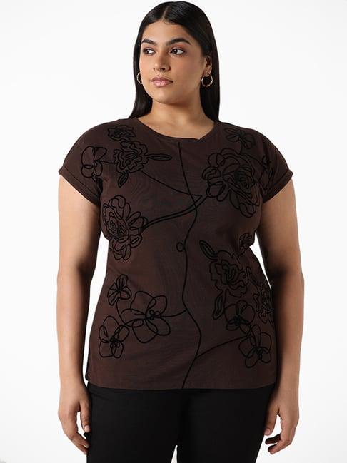 gia by westside floral patterned dark brown t-shirt