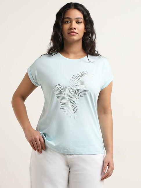 gia by westside light blue leaf printed cotton t-shirt