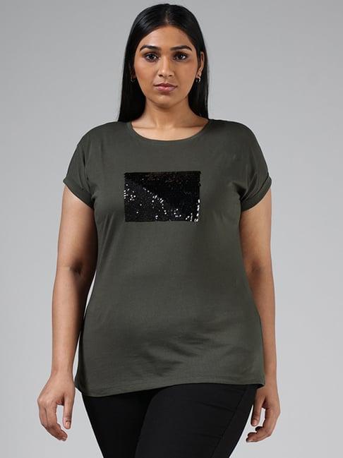 gia by westside olive green sequined embroidery t-shirt