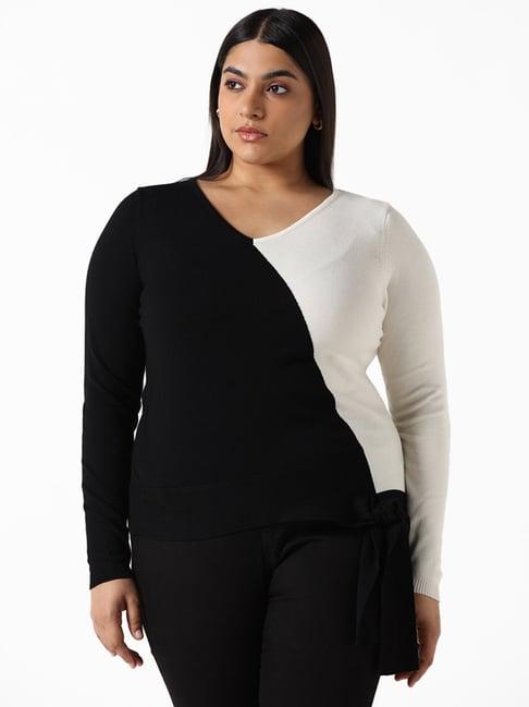 gia by westside solid black & white ribbed v-neck sweater