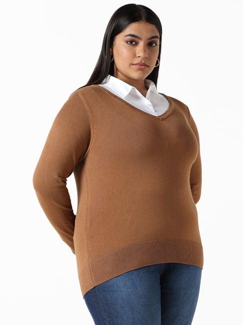 gia by westside solid brown ribbed v-neck sweater