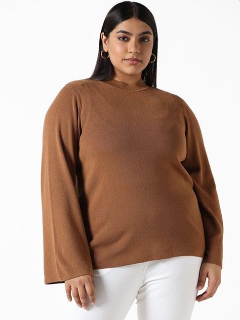 gia by westside solid mushroom brown bell sleeve sweater