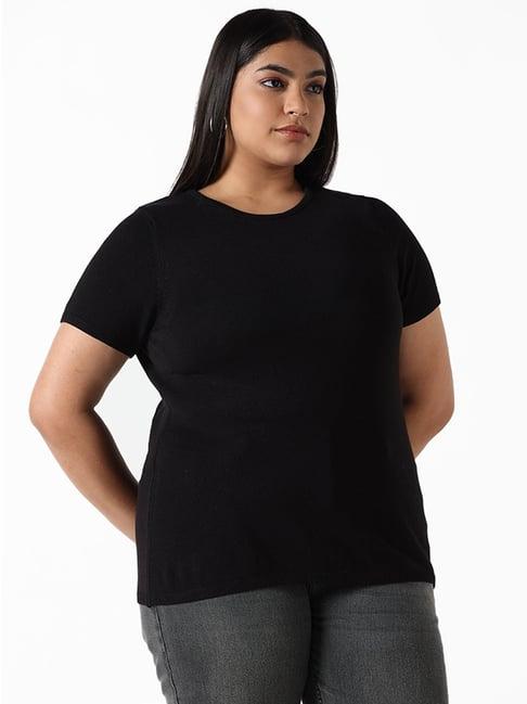 gia by westside solid ribbed black t-shirt sweater