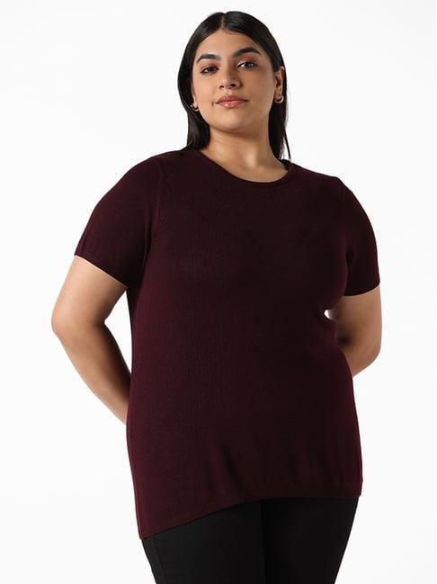 gia by westside solid ribbed maroon t-shirt sweater