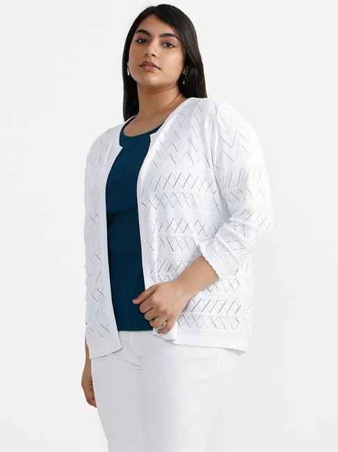 gia by westside textured relaxed fit white sweater jacket