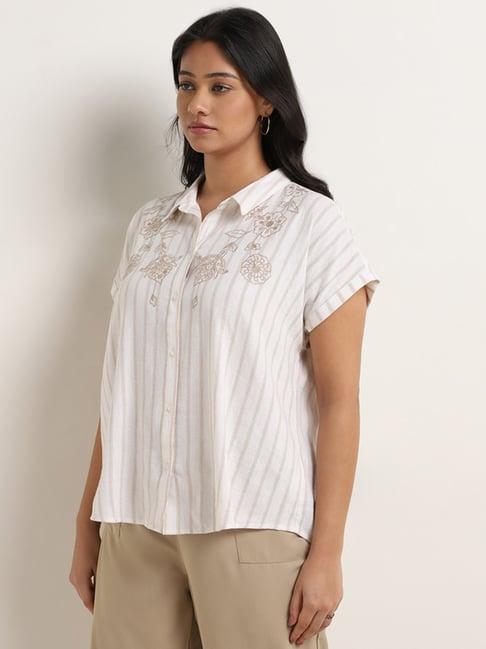 gia by westside white & beige stripe printed cotton blend shirt