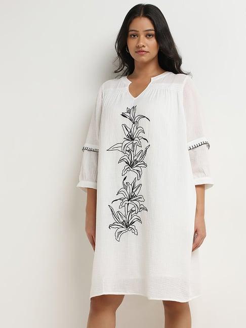 gia by westside white crinkle textured embroidery straight cotton dress