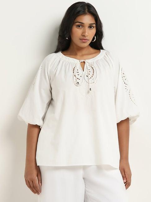 gia by westside white cut-out detailed cotton blouse