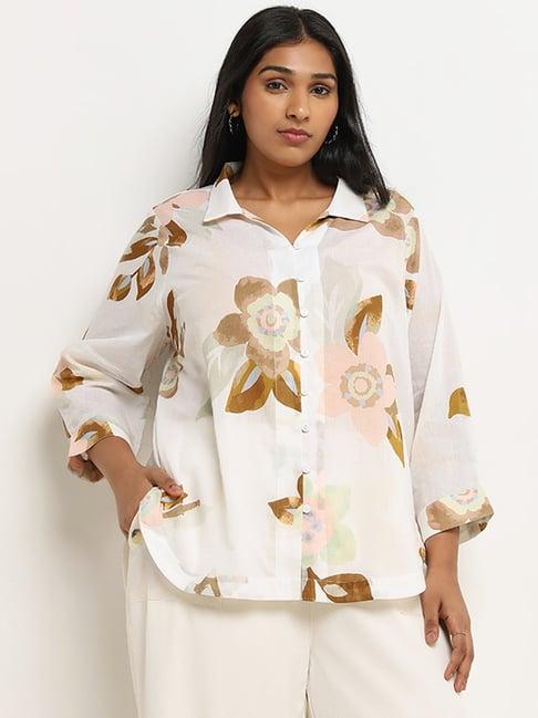 gia by westside white floral printed high-low cotton shirt