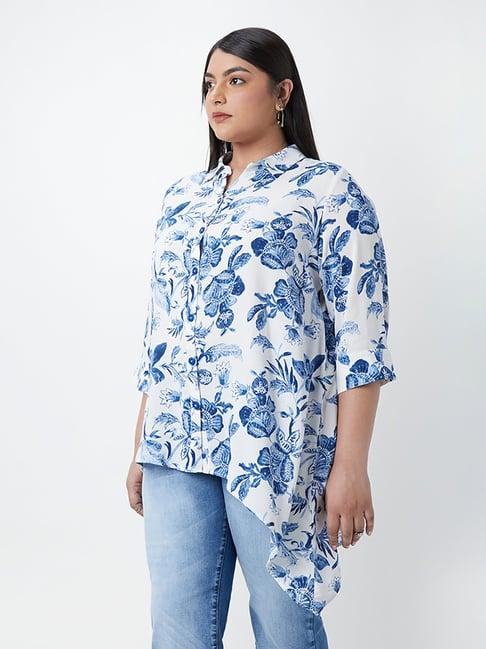 gia curves by westside blue floral-printed asymmetric shirt