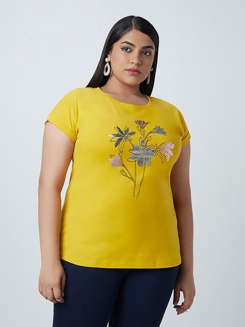 gia curves by westside mustard floral-print t-shirt