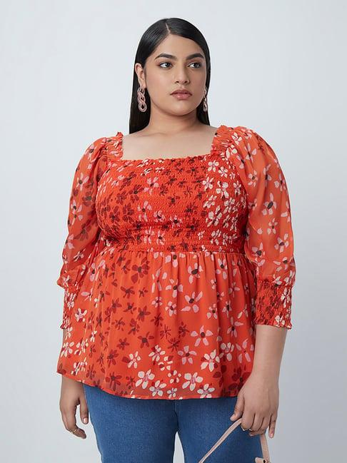 gia curves by westside orange floral-print peplum blouse