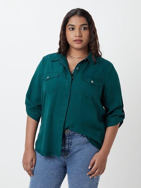 gia curves by westside teal button-down shirt