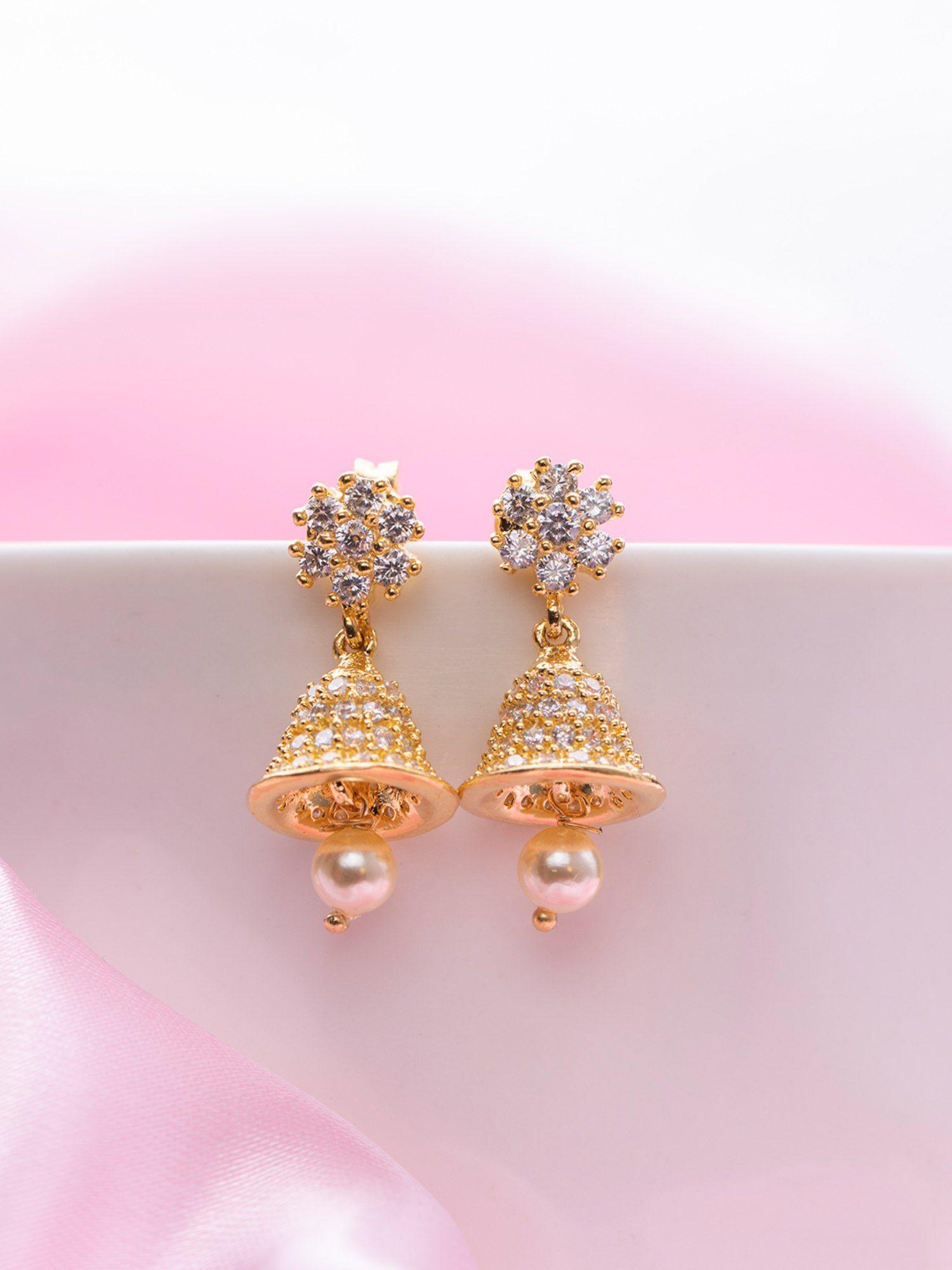 gilded opulence gold plated drop earrings with cubic zirconia and pearls