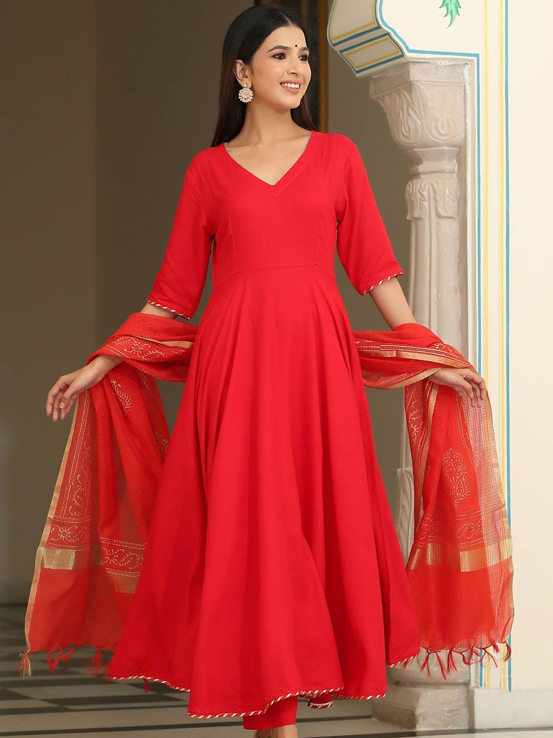 gillor v- neck gotta patti anarkali kurta with trousers & with dupatta