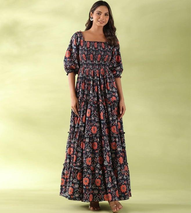 gillori black additional long floral tiered dress