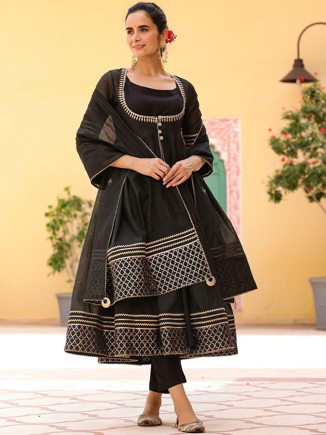 gillori embroidered gotta patti chanderi cotton kurta with trousers & dupatta & jacket